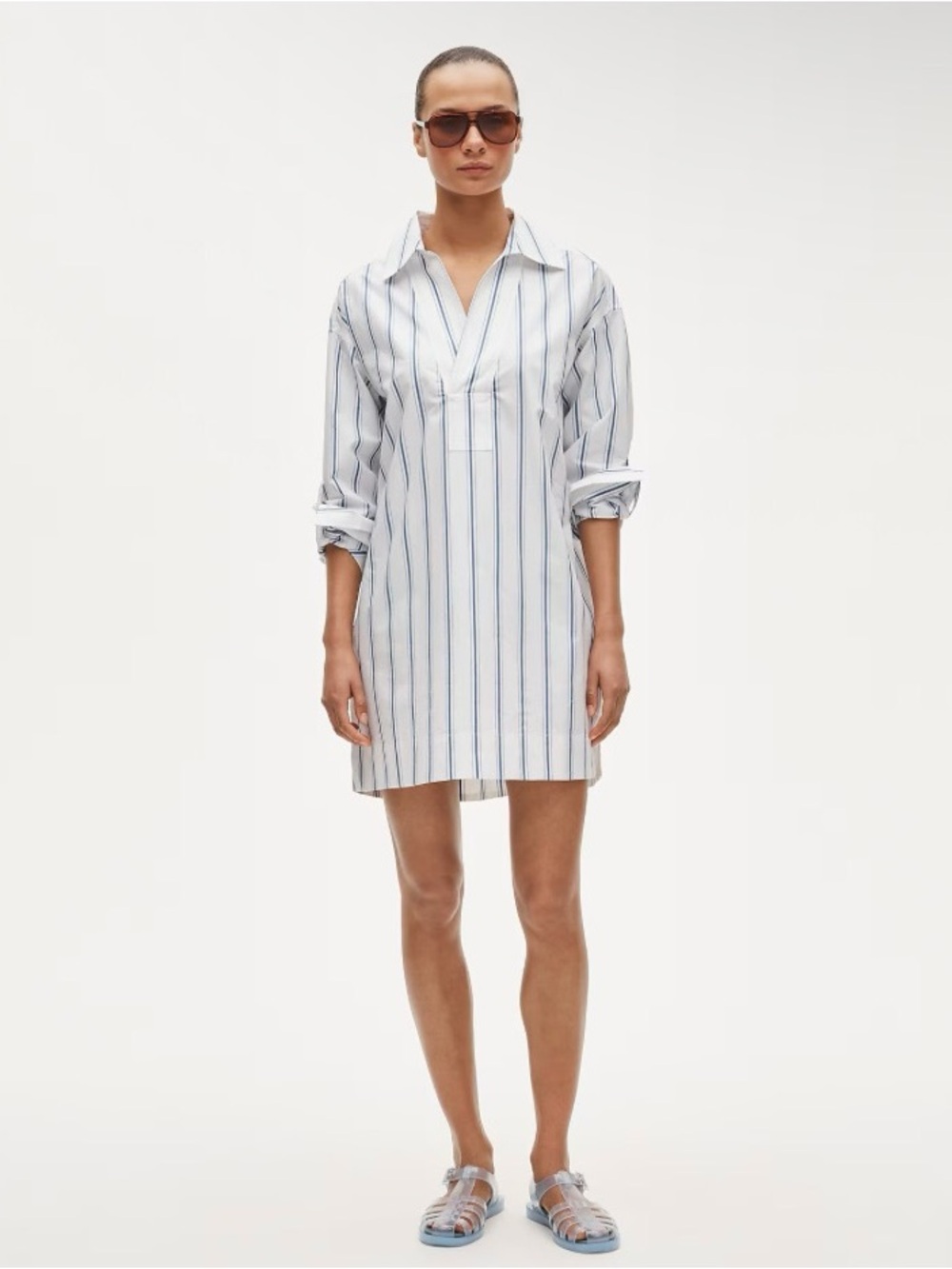 NWT J. Crew V-neck Popover Dress Striped Cotton Poplin Navy Ocean Stripes